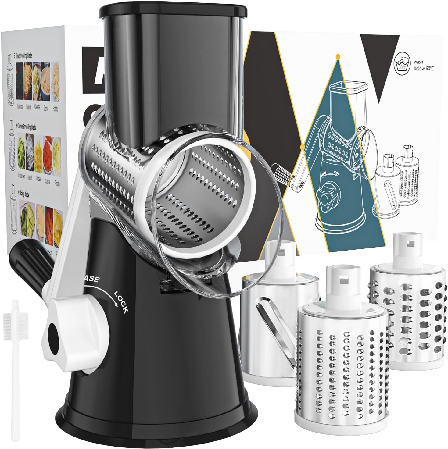 Manual Rotary Cheese Grater with 3 Drum Blades